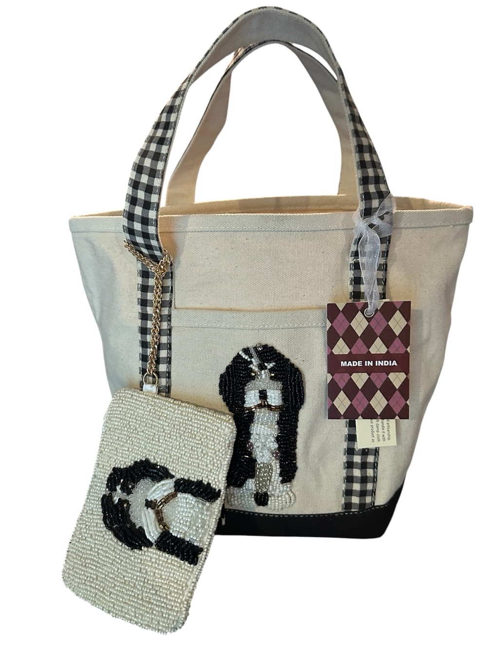 Canvas Tote Bag with Black & White Beaded Doodle Dog Accent